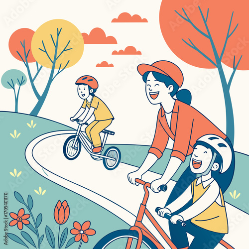 Vector art of a happy family enjoys a bike ride together in the park on a sunny day with colorful trees and flowers around them