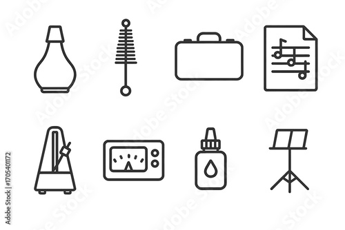 Trumpet accessory icons. Outline icon set of trumpet accessories: mute, cleaning brush, case, music sheet, metronome, tuner, valve