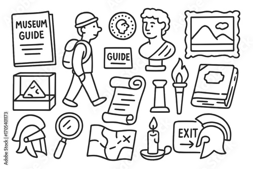 Museum Doodle Icons. Hand-drawn doodle illustration Museum guide and visitors guidebook, visitor with backpack, ancient coin,