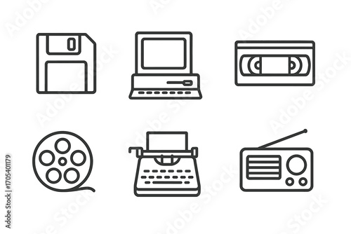 Retro Tech Icons. Outline icon set of legacy technology: floppy disk, old computer, VHS tape, film reel, typewriter, rotary phone,