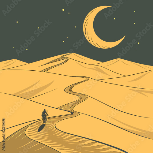 Vector art of a lone traveler walking through the desert under the moonlight, a journey of selfdiscovery and exploration