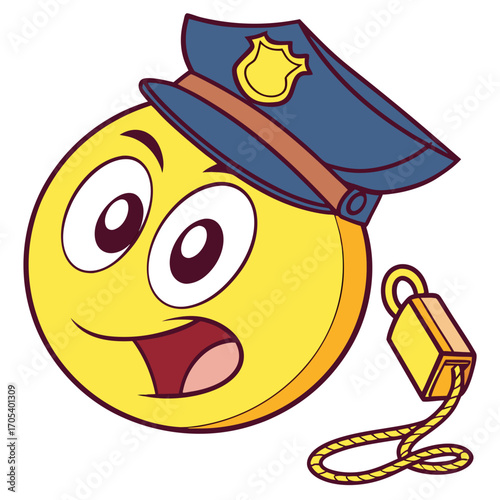 Vector art of a surprised cartoon emoji wearing a police hat with a whistle, the emoji has a shocked expression