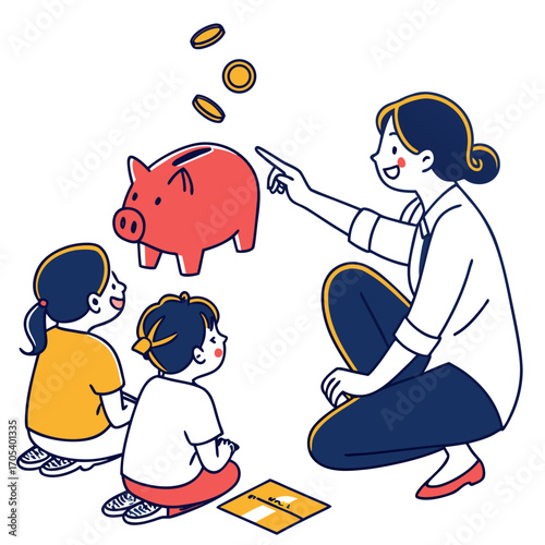Vector art of a teacher explaining the concept of saving money to two young children with a piggy bank and falling coins illustration