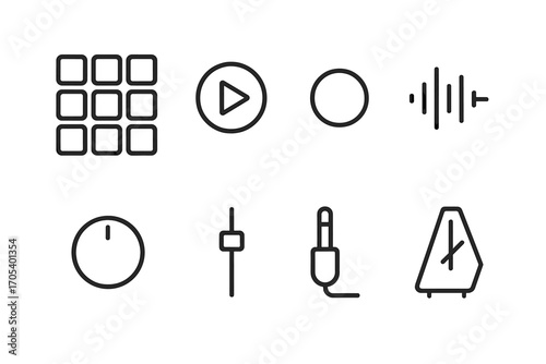 Drum Machine Icon Set. Outline icon set of drum machine features: drum pad, play button, record light, waveform, volume knob,