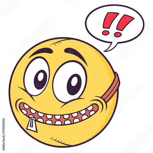 Vector art of a zipped mouth emoji is trying to keep a secret with a big smile on his face and exclamation marks