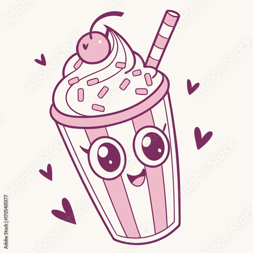 Vector art of adorable milkshake character with cherry, ideal for a sweet treat or valentines theme