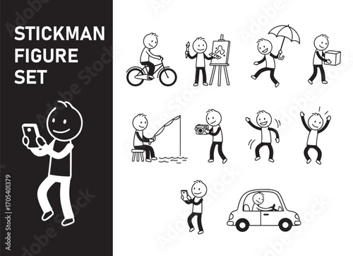 doodle stick figure set, Hand drawn stick man, Simple hand drawn stick figure family and people characters set, Vector line art illustration