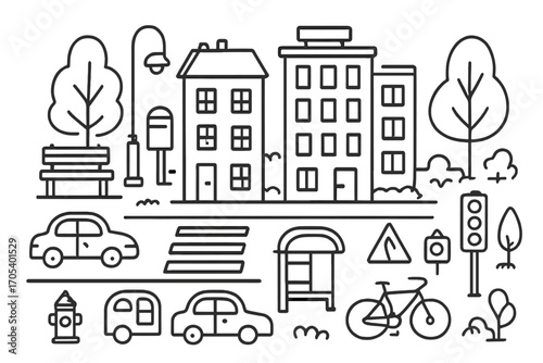Cityscape Doodle Icons. Hand-drawn doodle illustration city block buildings, street, trees, cars, lamp post, bench, crosswalk,