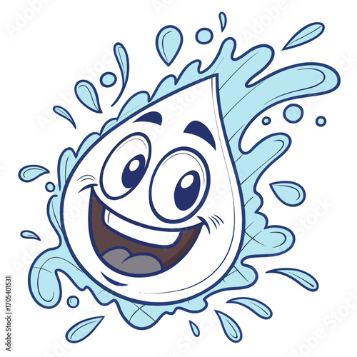 Vector art of cartoon water drop character with a happy face, surrounded by splashing water