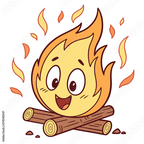 Vector art of cheerful campfire cartoon character, radiating warmth and happiness with a big smile and playful flames