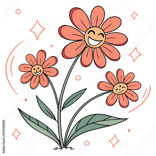 Vector art of cheerful floral trio three smiling flowers with happy faces, creating a whimsical and joyful botanical illustration