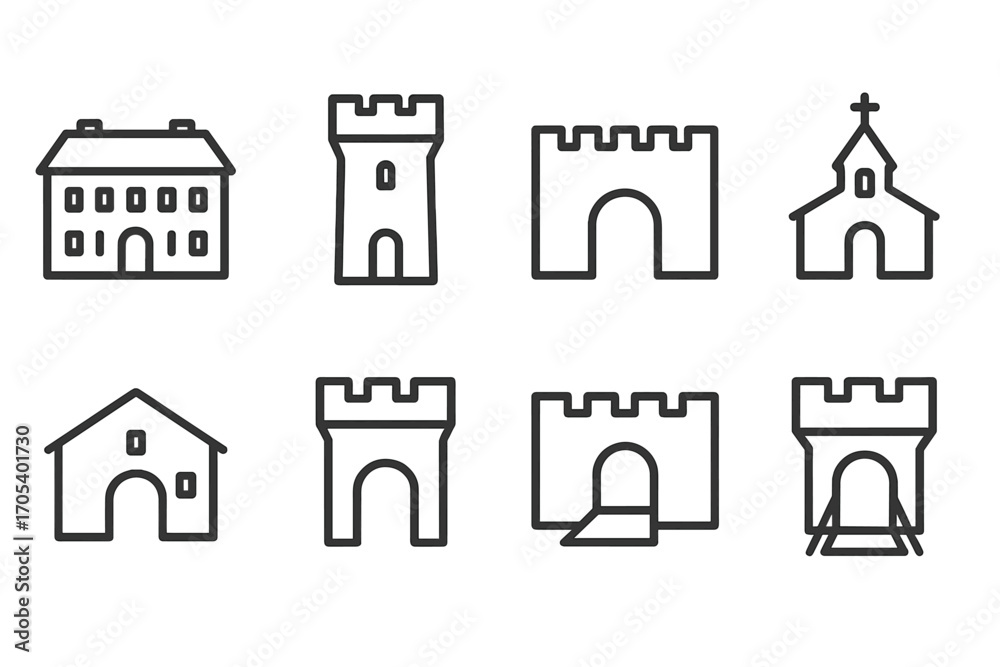 Fototapeta premium Barony Building Icons. Outline icon set of barony buildings: manor house, watchtower, fortified wall, chapel, stable, gatehouse,