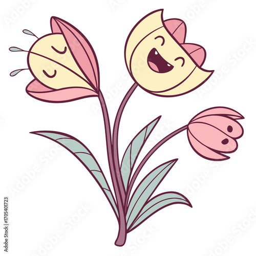 Vector art of cute cartoon flowers with smiling faces, a delightful floral illustration for children