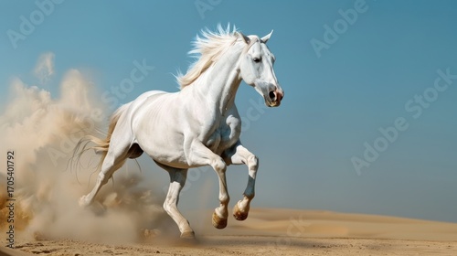 Majestic white horse galloping freely across a vast desert landscape under a clear sky
