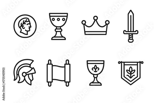 Ancient Artifacts Icons. Outline icon set of old world artifacts: ancient coin, chalice, crown, sword, helmet, scroll, goblet,