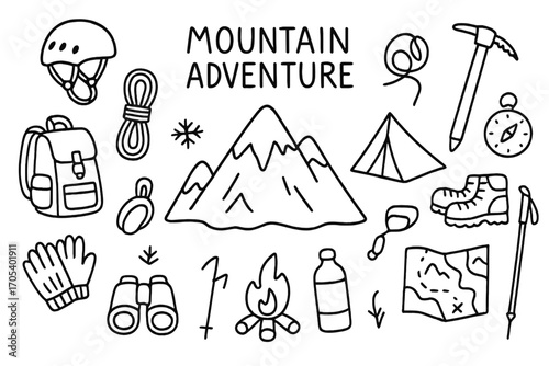 Mountain Adventure Doodle. Hand-drawn doodle illustration mountain adventure mountain, backpack, climbing rope, helmet, ice axe,