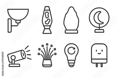 Ambient Light Icons. Outline icon set of ambient light sources: wall sconce, lava lamp, salt lamp, neon sign, projector light,