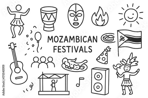Mozambican Festival Icons. Hand-drawn doodle illustration Mozambican festivals dance, drum, mask, fire, crowd, food, flag, costume