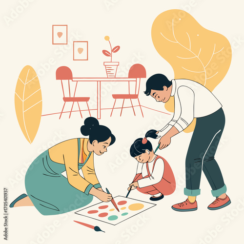 Vector art of family painting together at home, creating colorful artwork and enjoying quality time in a cozy and creative atmosphere