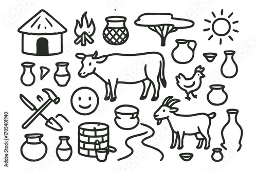 Botswana Village Doodle. Hand-drawn doodle illustration Botswanan village life hut, fire pit, basket, water pot, cattle, tree,