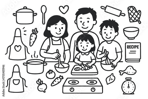 Family Cooking Doodles. Hand-drawn doodle illustration family cooking together cooking pot, spoon, cutting board, vegetables,