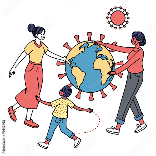 Vector art of family protecting the earth from virus, parents and child fighting against the pandemic