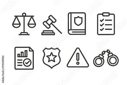 Legal Compliance Icons. Outline icon set of laundering regulations: legal scales, gavel, law book, compliance checklist, audit