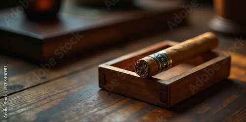 Elegant cigar resting on wooden desk, matchbox, ashtray , closeup, montecristo