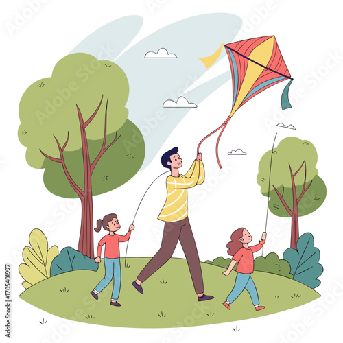 Vector art of father and daughters flying kite in the park, happy family spending time together
