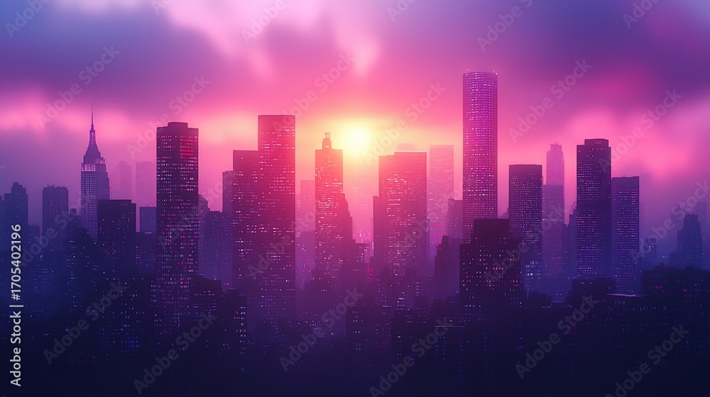 Fototapeta premium Sunrise over a futuristic city skyline