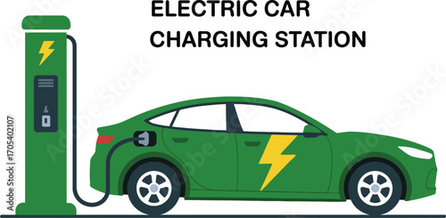 Green electric car charging at a green charging station