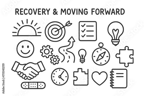 Recovery Journey Icons. Hand-drawn doodle illustration Recovery and moving forward rising sun, target, checklist, smiling face,