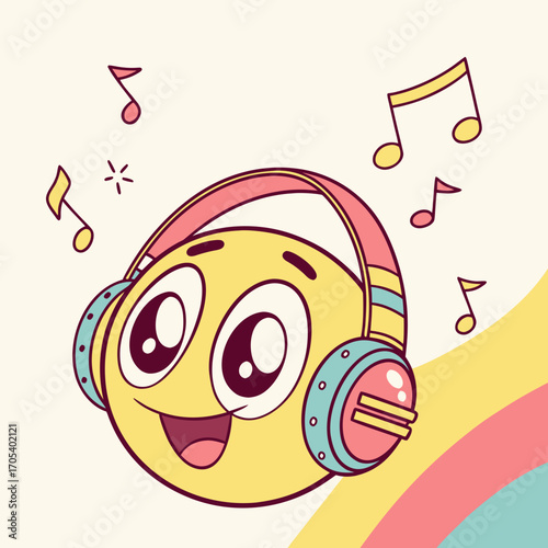 Vector art of happy emoji with headphones listening to music and enjoying the sound