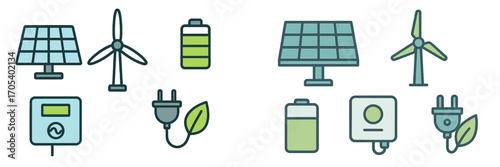 Renewable energy icons: solar, wind, batteries, and electrical plugs