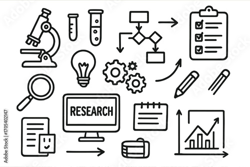 Research Tools Compilation. Hand-drawn doodle illustration research framework microscope, test tube, flowchart, checklist,