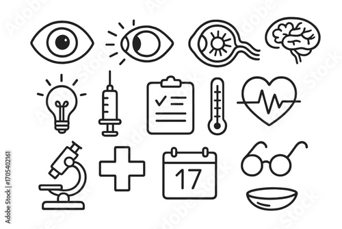 Medical Eye Doodles. Hand-drawn doodle illustration pupil pupil reflex pupil, iris, eye, nerve, brain, light bulb, syringe,