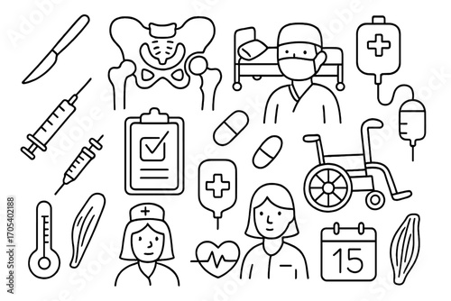 Medical Doodle Icons. Hand-drawn doodle illustration hip replacement surgery scalpel, hip bone, hospital bed, doctor, syringe,