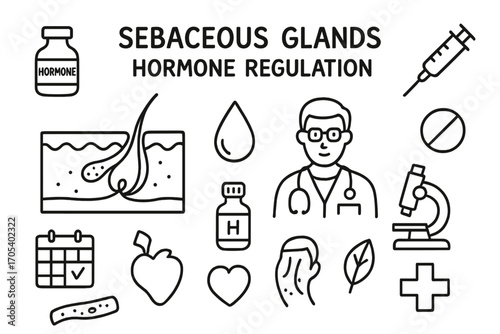 Hormone Regulation Doodle. Hand-drawn doodle illustration sebaceous glands hormone regulation hormone vial, sebaceous glands,