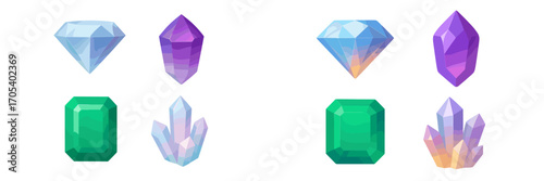 Assorted faceted gemstones and crystals in vibrant colors and geometric shapes