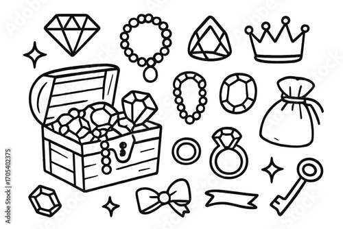 Jewelry Box Treasures. Hand-drawn doodle illustration precious jewelry box treasure chest, open box, diamond, ruby, sapphire,