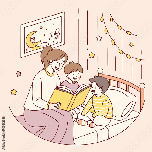 Vector art of mom reading a book to her children in bed at night with stars and moon in the background illustration