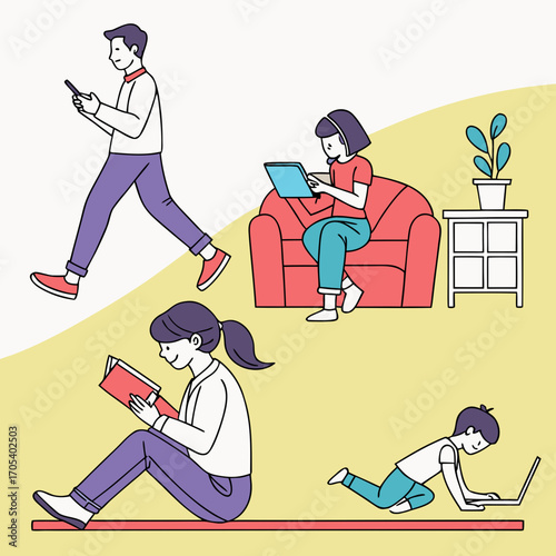 Vector art of people using technology and reading books at home