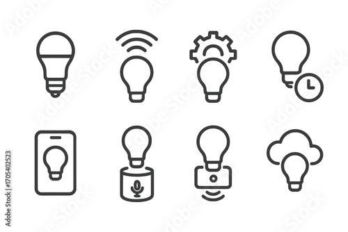 Smart Home Lighting Icons. Outline icon set of smart home lighting: hub, Wi-Fi signal, automation, timer clock, smartphone, voice