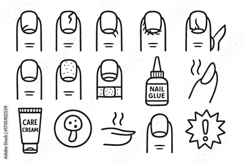Nail Care Issues Icons. Hand-drawn doodle illustration damaged nails cracked nail, chipped polish, hangnail, dry cuticle, broken