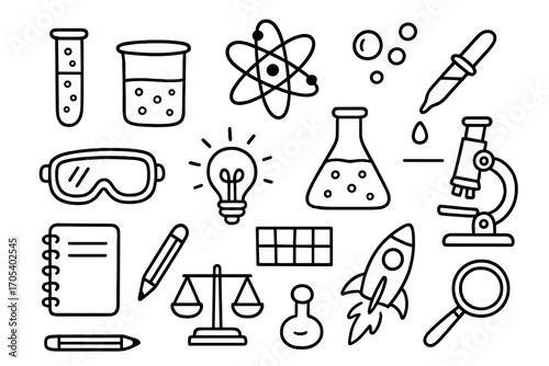 Chemistry Basics Doodles. Hand-drawn doodle illustration chemistry basics for kids test tube, beaker, flask, atom, bubbles,