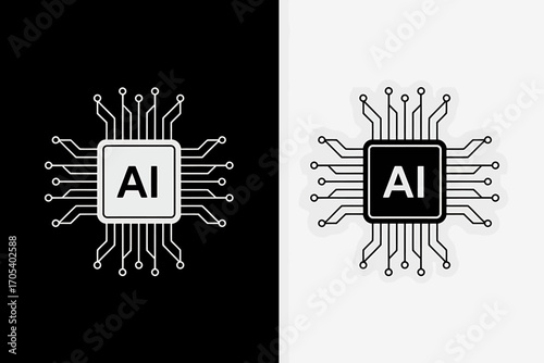 Artificial Intelligence Microchip Black and White Design Representing Machine Learning Neural Networks and the Future of Technology in a Minimalist Style