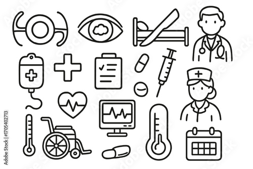 Cataract Surgery Icons. Hand-drawn doodle illustration lens cataract lens, cloudy eye, surgery scalpel, hospital bed, doctor,