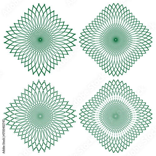 Abstract spiral patterns. Square shaped designs. Hypnotic graphic forms Vector. Psychedelic rotation artwork. EPS 10.