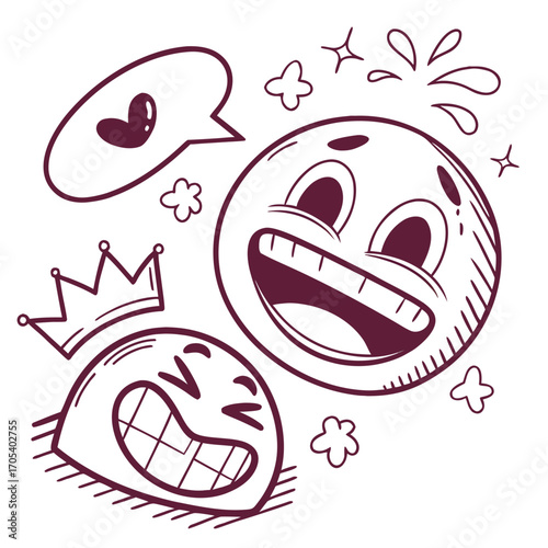 Vector art of two cartoon emojis with a crown and heart, expressing joy and love in a whimsical style