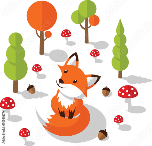 Playful Cartoon Fox with Forest Elements – Minimal Flat Vector